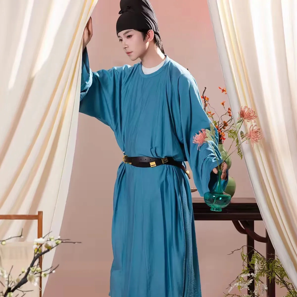 Vintage Chinese Tang Style Hanfu For Men Solid Color Loose Fit Round Neck Kua Pao Robe Casual Daily Cosplay Inner Outfit