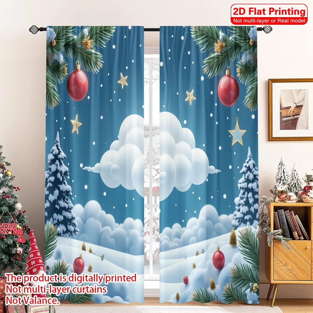 

2pcs 2D flat printing Merry Christmas Popular Window Curtains Winter Snow Christmas Ornaments Polyester Without Electricity