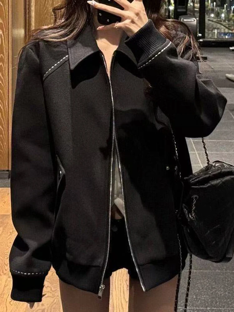 American Retro Black Jacket Women Fall Loose Streetwear Harajuku Baseball Coat Vintage Long Sleeve Hip Hop Lady Y2K Outwear Tops
