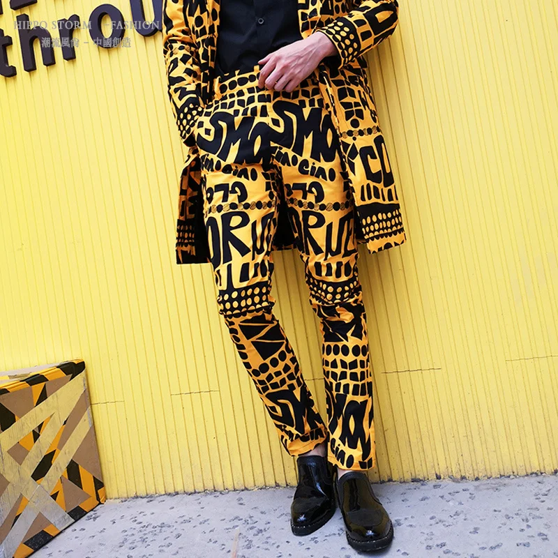 Male Casual Pants Singer Stage Wear Mens Fashion Yellow Letter Floral Print Suit Trousers Hip Hop Nightclub Stage Singer DJ