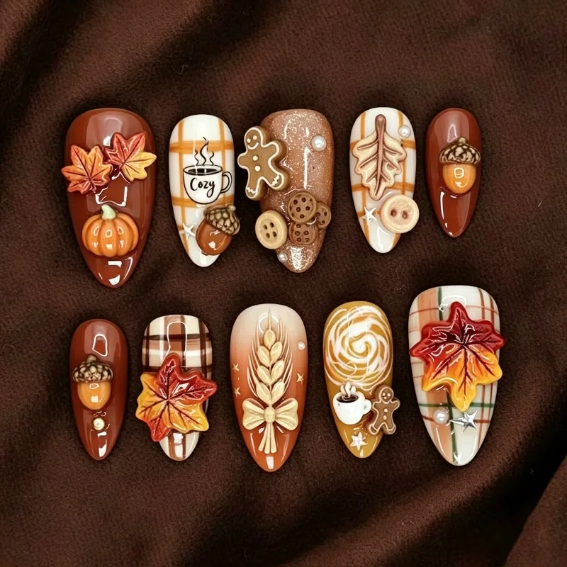 30pcs Press on Nails Almond Cookie Man Pumpkin Maple Leaf False Nail Lovely Autumn Thanksgiving Removable Manicure for Gathering