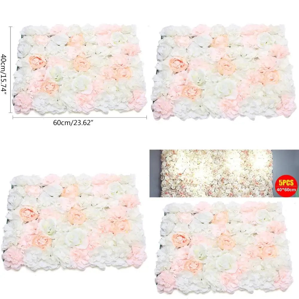 Set of 5 Artificial Hydrangea Wall Decor Panels, 24 x 16, Champagne, Pink, and White for Home, Party, Wedding, and Seasonal Back