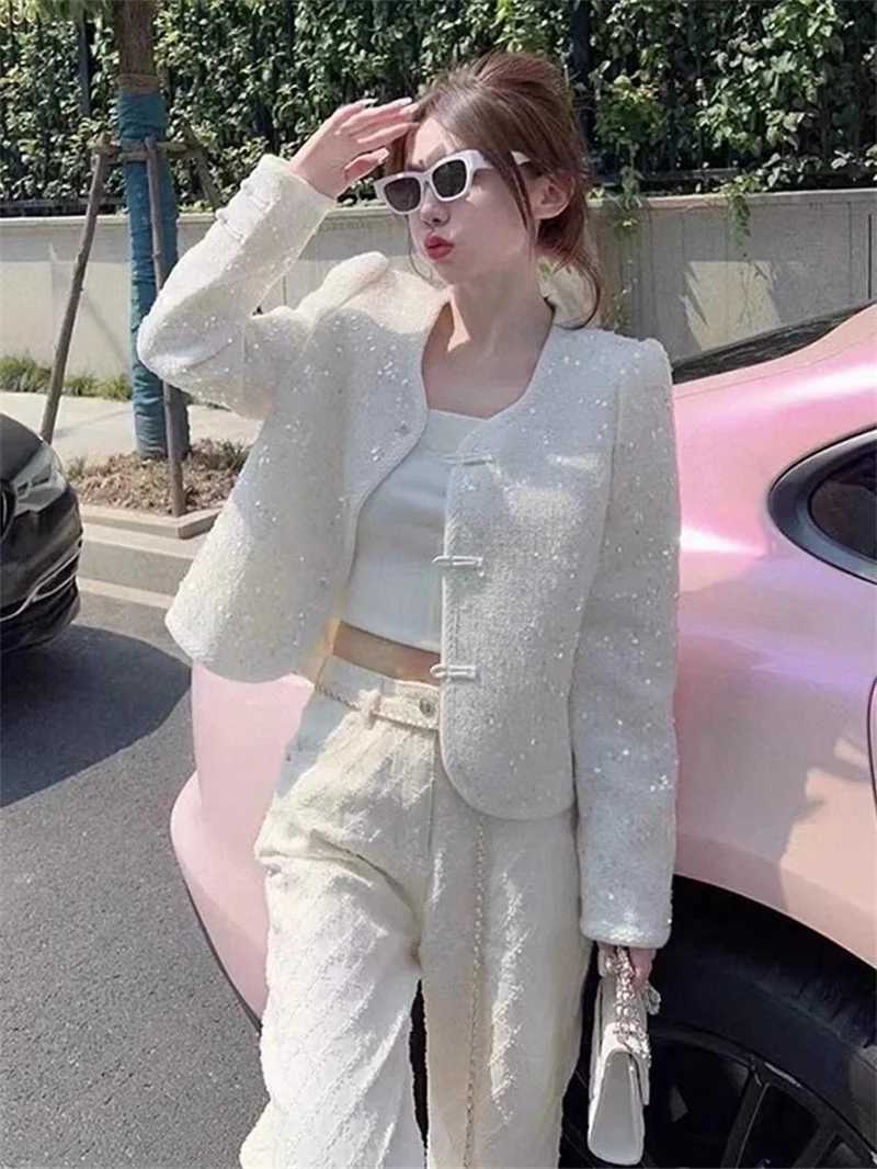 French Casual High-end Feeling Chinese Style Buckle Design Small Fragrant Style Jacket for Women 2025 Autumn Sequin Temperament