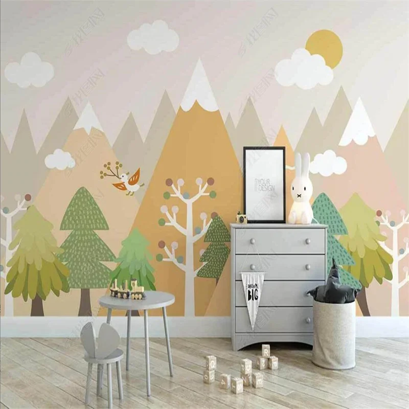 

Custom Cartoon Forest Color Valley Children's Room Decor Wallpaper Bedroom Kindergarten Geometric Mountain Forest Wall Paper 3D