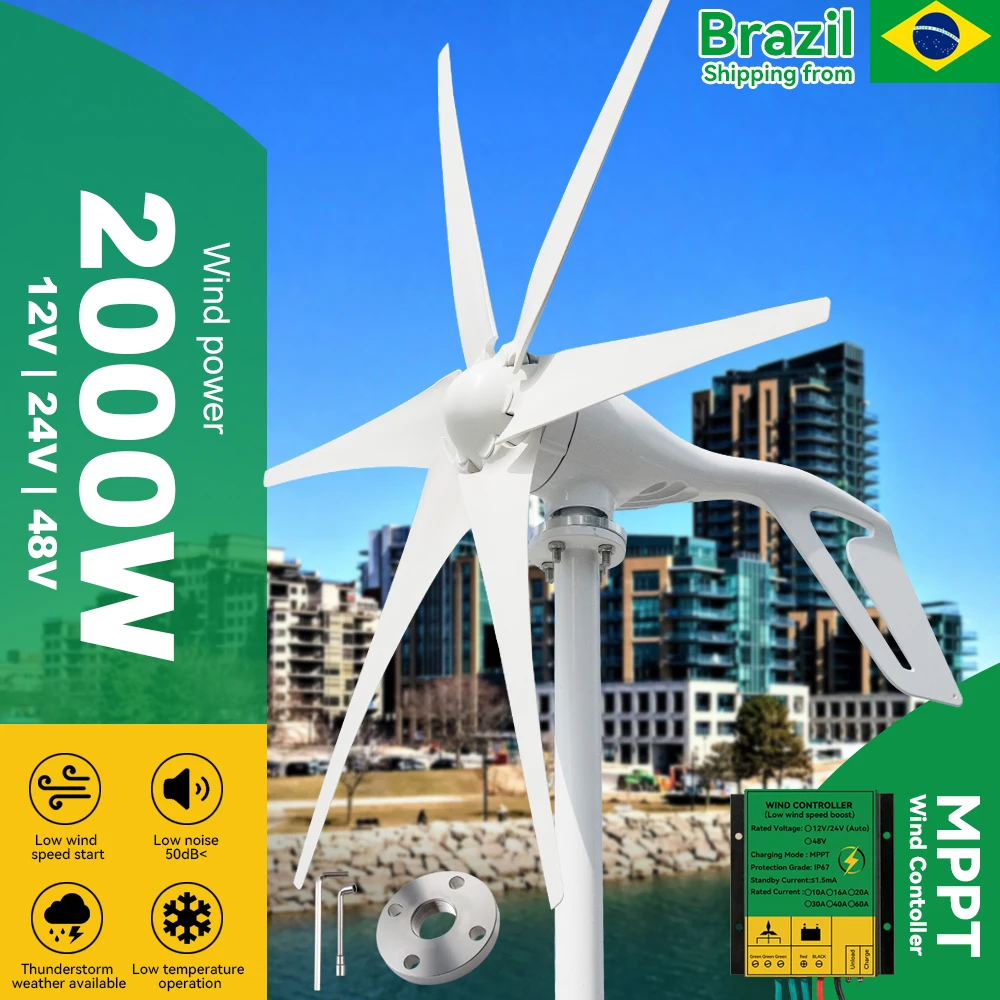 

Shipping From Brazil Small Wind Turbine Generator Power 2kw 6 Blades 12v 24v 48v With Mppt/Hybrid Charge Controller For Home Use