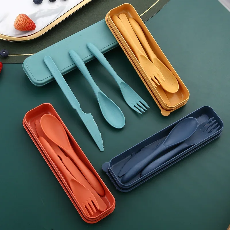 Löffel Gabel Messer Weizen Stroh Besteck Set 3PCS Mit Box Tragbare Reise Mittagessen Geschirr Studenten Geschirr Küche Zubehör