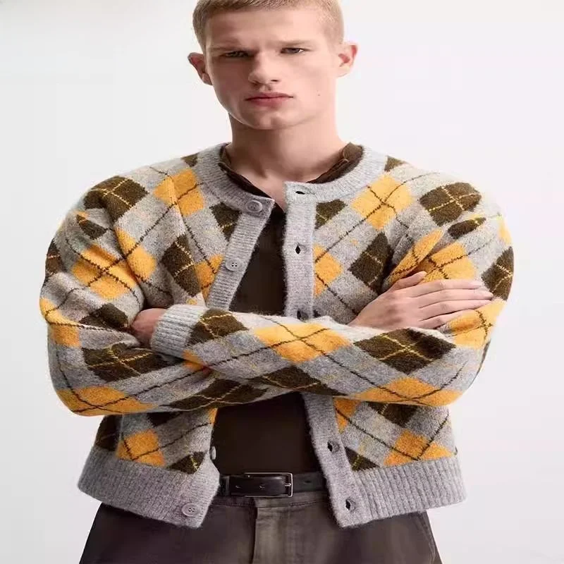 

Winter New Men's Straight Knitted Sweater round Ne Long Sve Diamond Pattern Embroidery Open Cardigan Casual Loose Fit