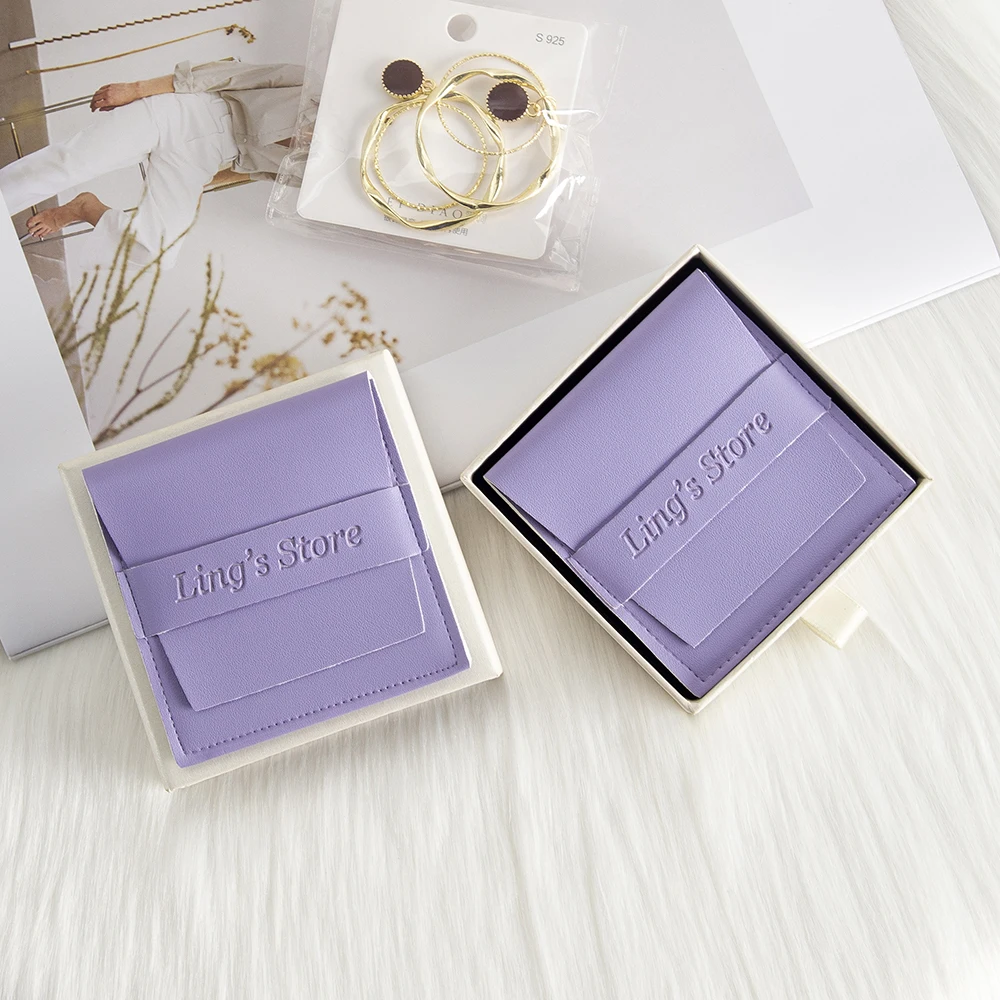 Custom Logo Violet PU Leather Jewelry Bag Ring Earring Brooch Stud Packing Protection Pouch Summer Lovely Storage Box Organizer