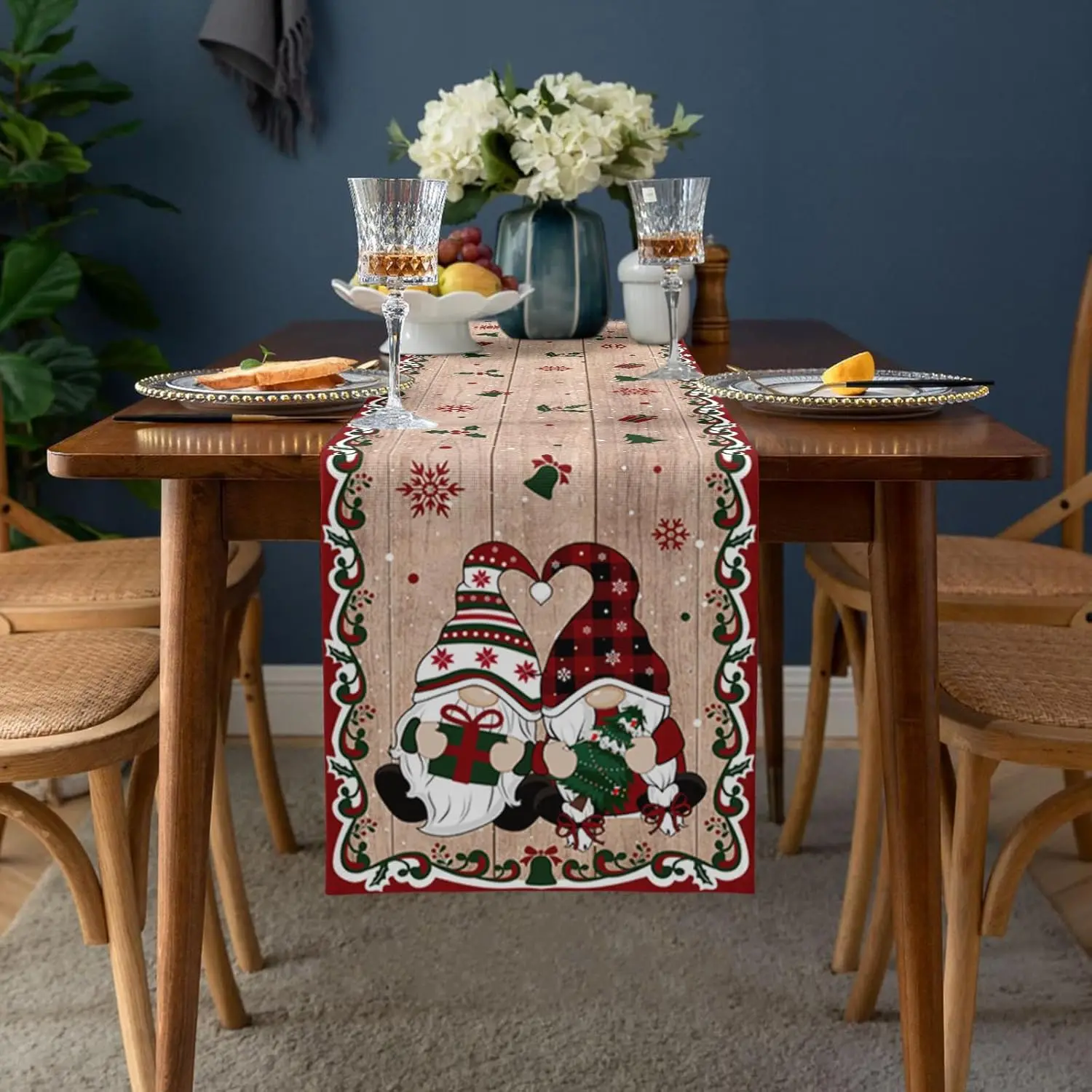 Christmas Tree Gnome Berry Snow Linen Table Runners Dresser Scarf Decor Washable Table Runners Holiday Christmas Decorations