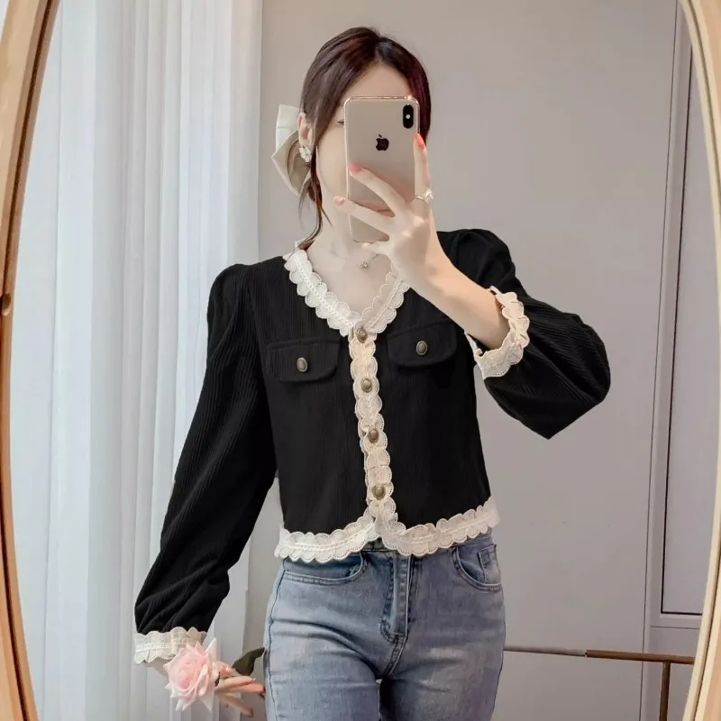 

Рубашки и блузки для женщин с пышными рукавами Популярная корейская одежда Простой дешевый стильный стиль Элегантный шикарный женский вельветовый топ