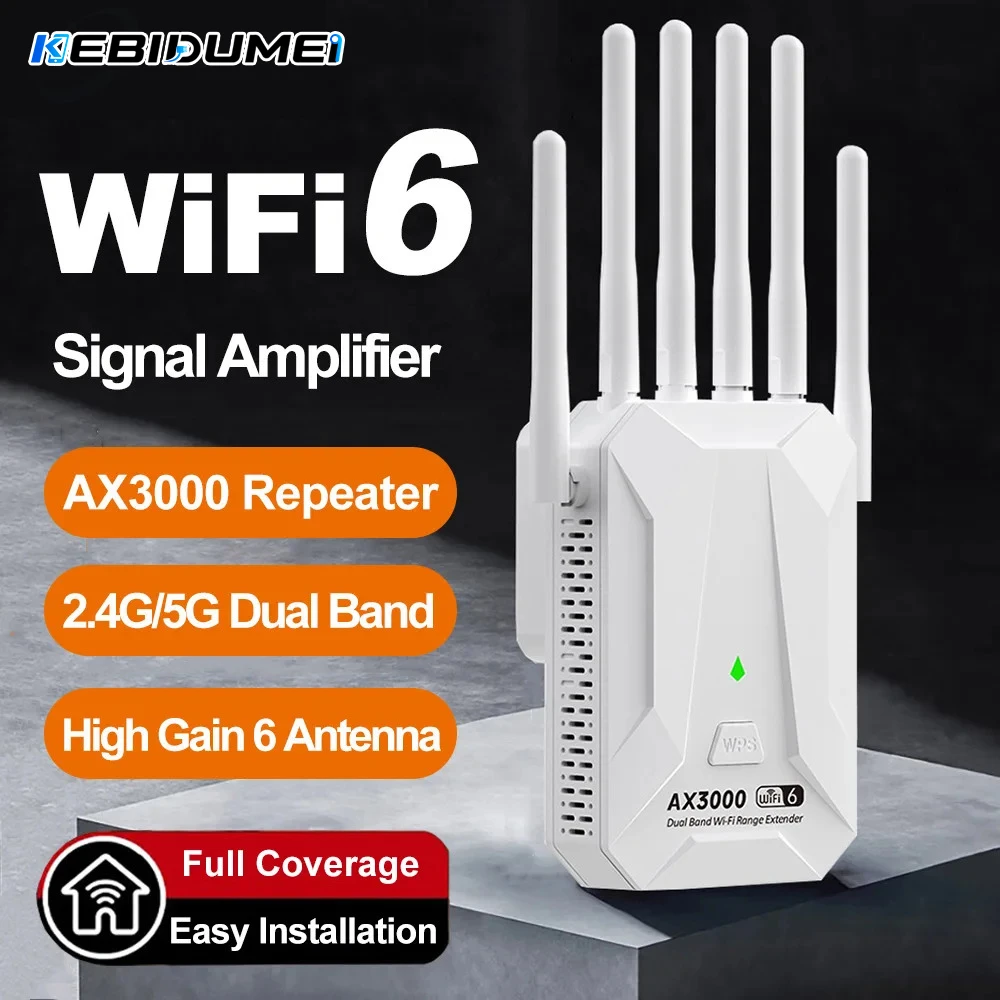 KEBIDUMEI 3000Mbps WIFI6 Repeater Dual Band 2.4Ghz 5GHz Extender 802.11ax Wi-Fi Amplifier High Gain Six-antenna Wi-Fi Booster