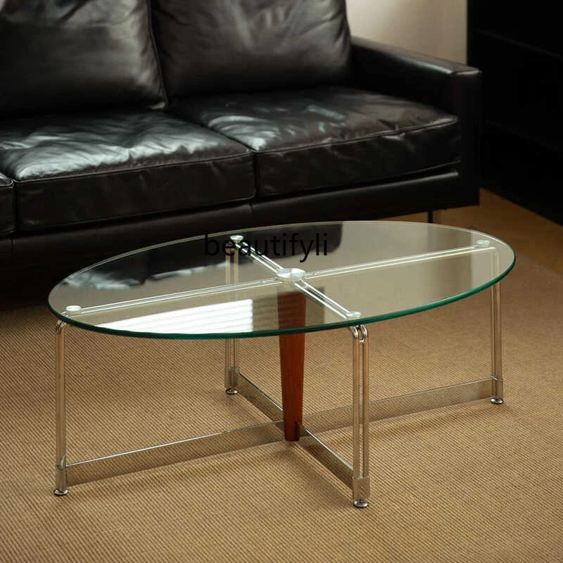 Nordic Retro Oval Glass Tea Table New Stainless Steel Living Room Office Negotiation Small Apartment Large Tea Table