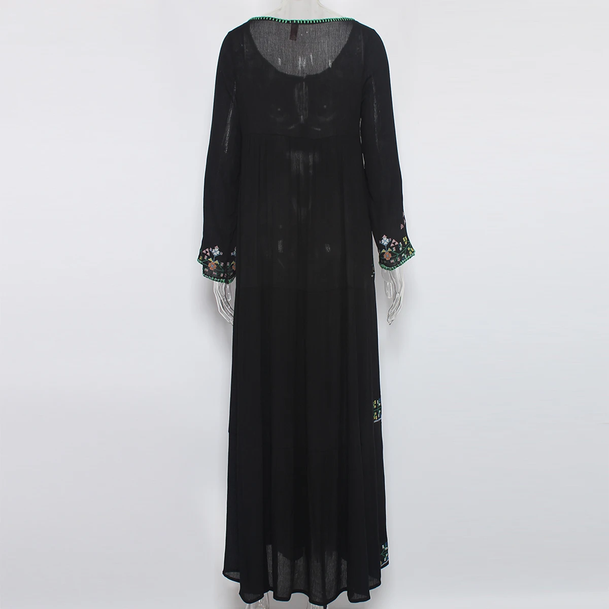 2025 Holiday Black Embroidery Women Dress Long Sleeve Loose Boho Dress Style Maxi Dresses Vestidos V-Neck Sexy Women Clothing