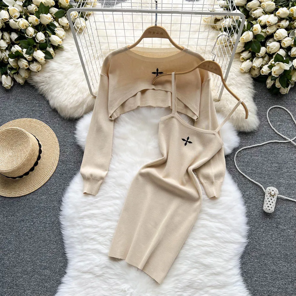 Embroidary Cross Knitted Dress Women Set Y2k Harajuku Long Sleeves Cropped Top Spaghetti Straps Bodycon Mini Dress Two Piece Set