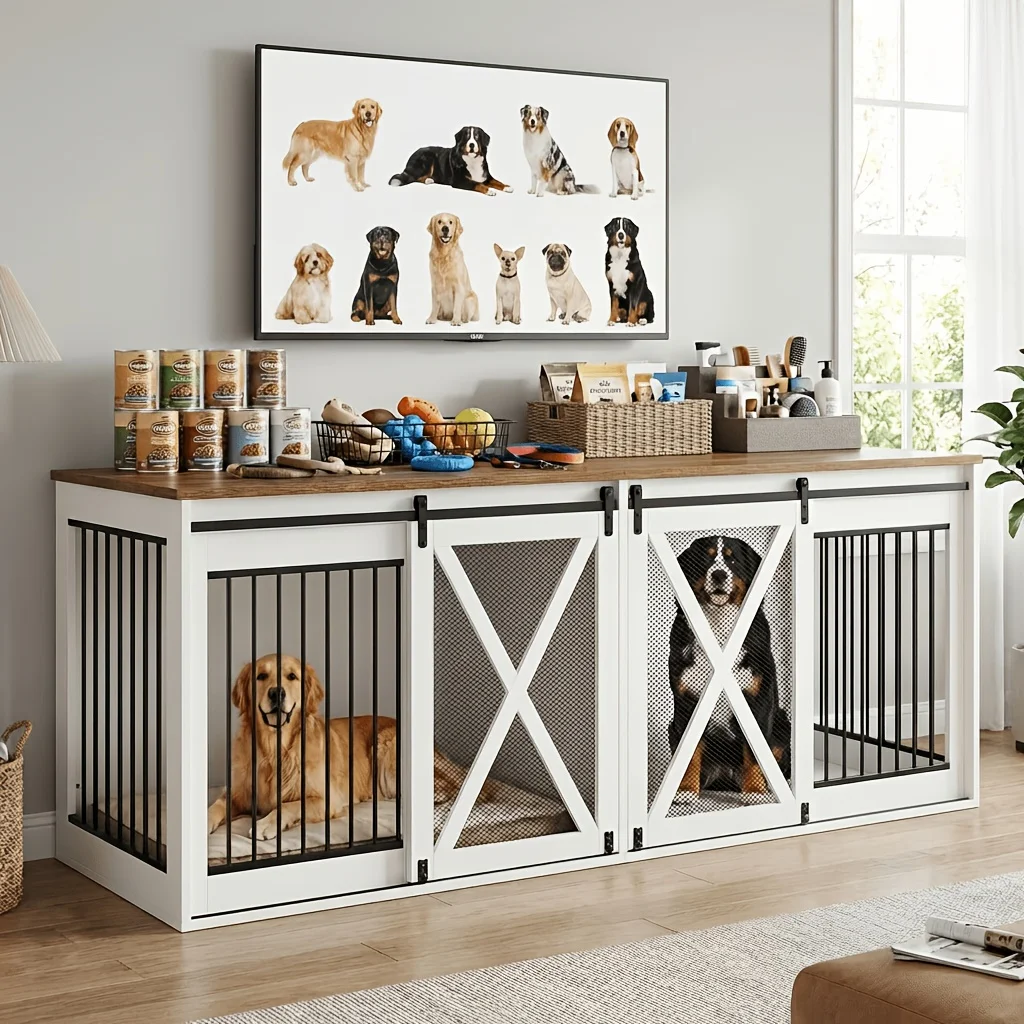 

94.5" XXXL Dog Crate Furniture for 2 Large Dogs, Heavy Duty Double Dog Cage Extra Large Breed, 35.4" Tall Thick Wooden Dog Kennel TV Stand with Divider, White