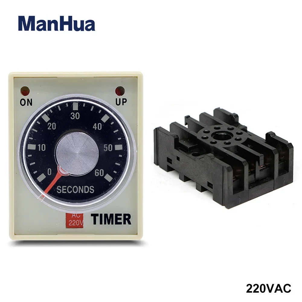 ManHua AH3-2 60s AC 220V on-delay Time Relay with Socket 8 Pin Time Delay Relay