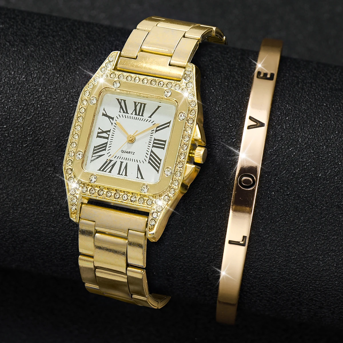 2PCS Fashion Square Women Watches Luxury Rhinestone Steel Band Ladies Quartz Watch Bracelet Set Reloj Mujer（Without Box）