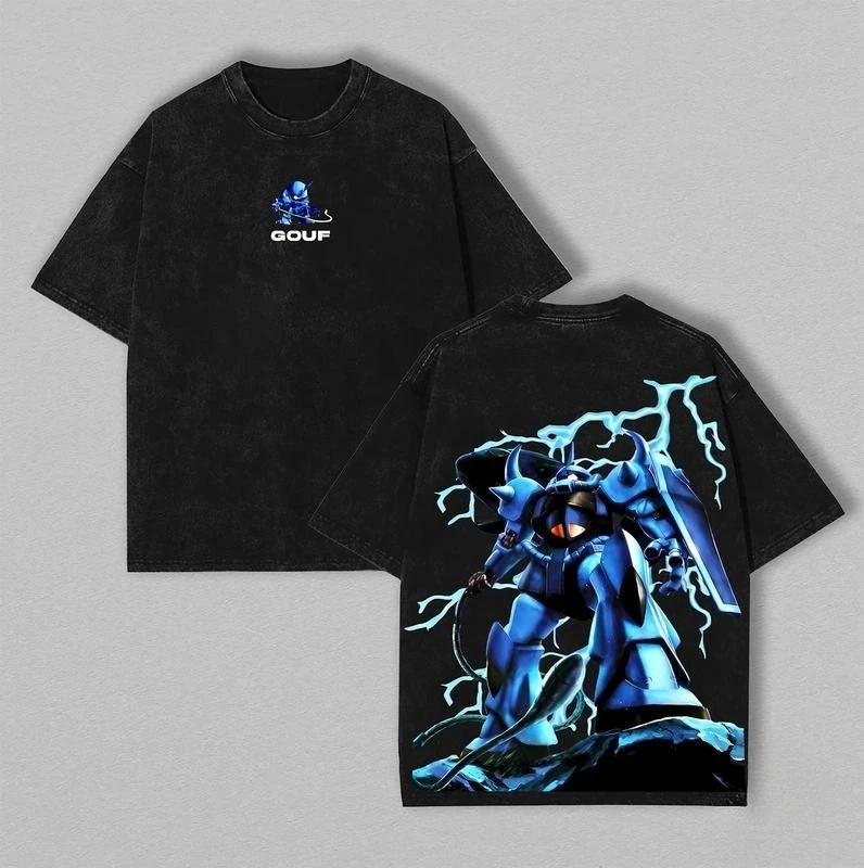 Gouf T-Shirt MS-07B Herren Zeon Army Vintage Acid Wash Mecha Streetwear Übergroßes Retro Mobile Suit Japanisches Anime Grafik-T-Shirt