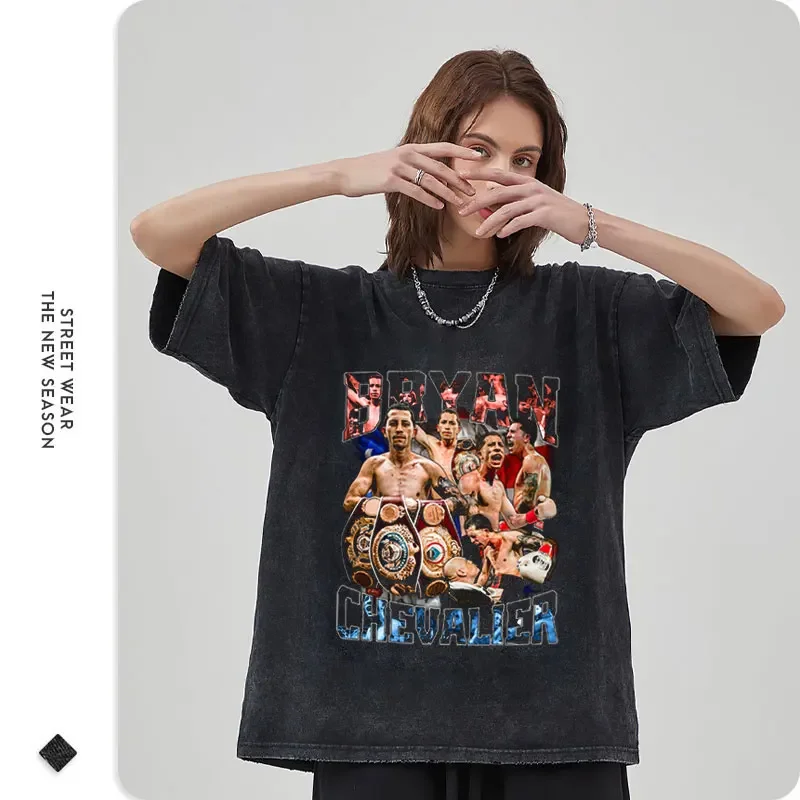 Bryan Chevalier T shirt boxing champion vintage washed short sleeve oversized T-shirt Harajuku sweatshirt tops tees men Cotton