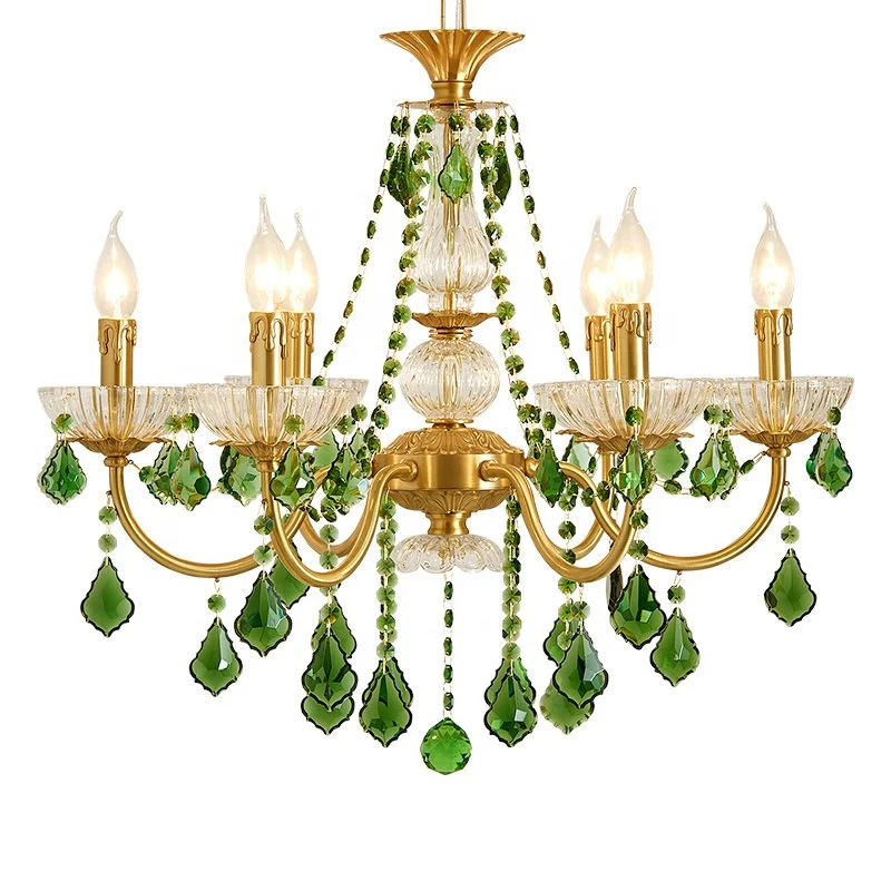 minimalist crystal chandelier LED E12 three-color lighting copper crystal structure dark emerald green restaurant light