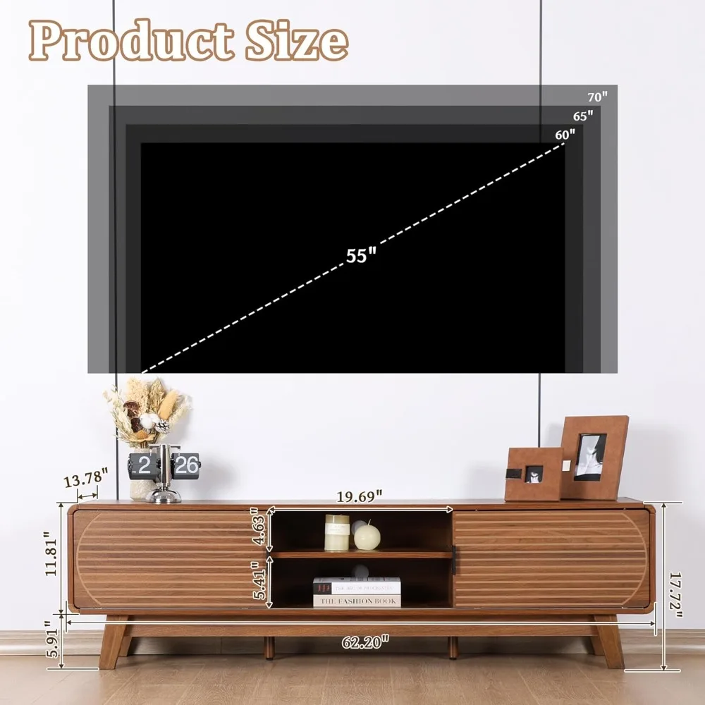 حامل تلفزيون حديث لمنتصف القرن لتلفزيون 55/60/65 بوصة، وطاولة وحدة تحكم تلفزيون مقاس 63 بوصة مع أبواب منزلقة مخددة، ومركز ترفيه ووسائط