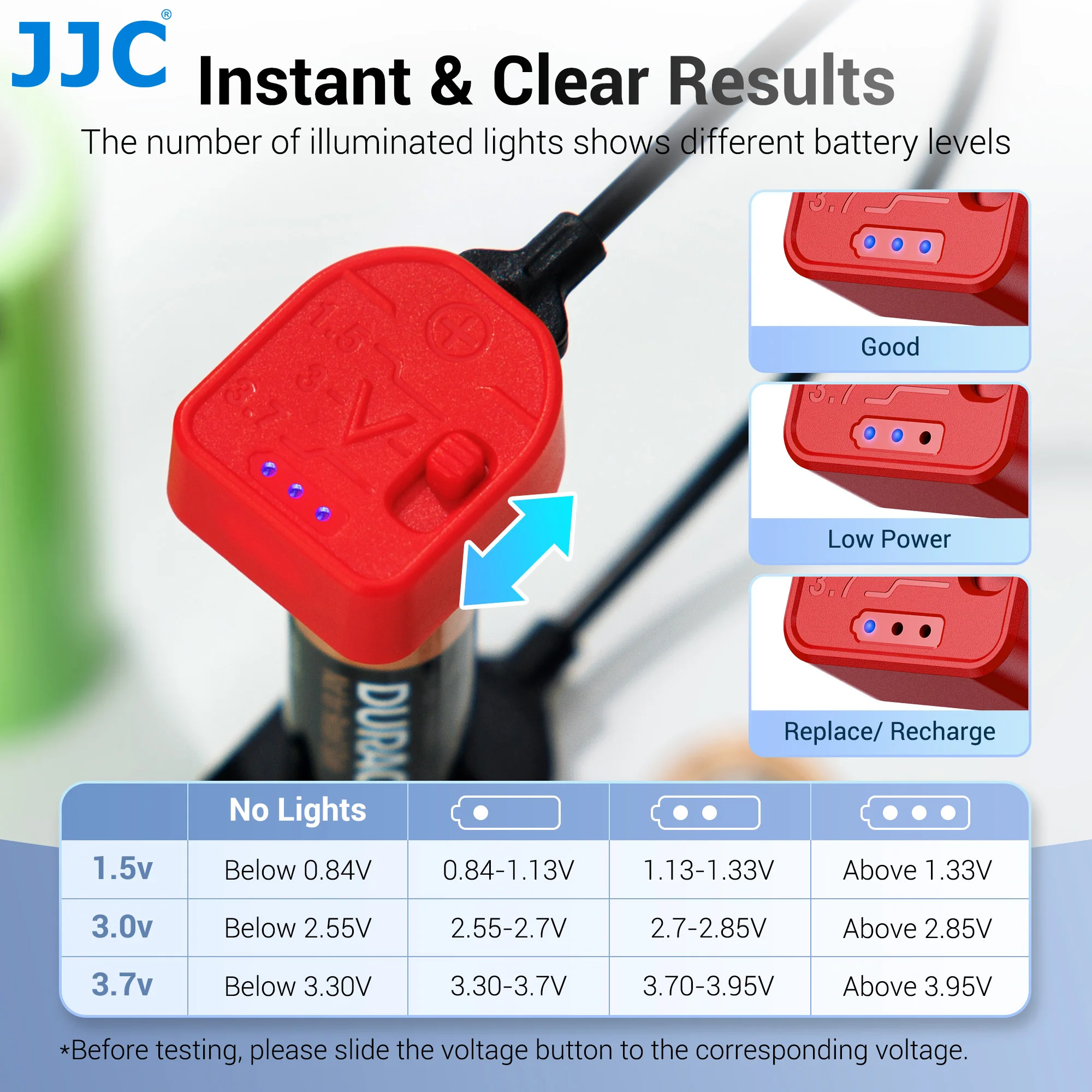 JJC جهاز اختبار بطارية مدقق اختبار قدرة البطارية محلل مدقق البطارية العالمي لبطارية AA AAA C D 18650 CR2032 CR2025