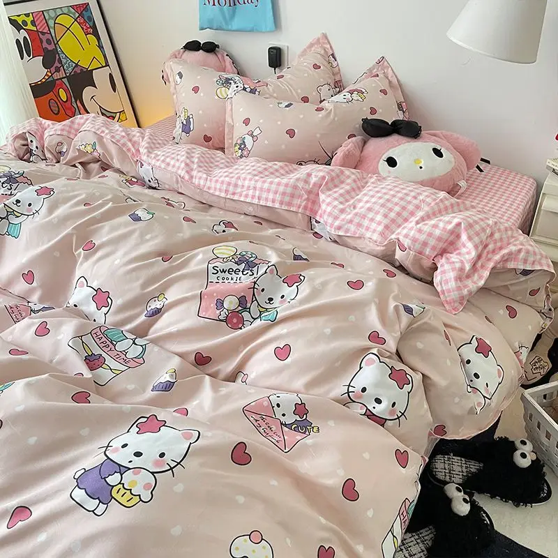 Sanrio Maiden Heart Hello Kitty Cartoon Bedding Ins Lovely Princess Style Bed Sheet Single Quilt Cover 4-piece Minimalist Wind