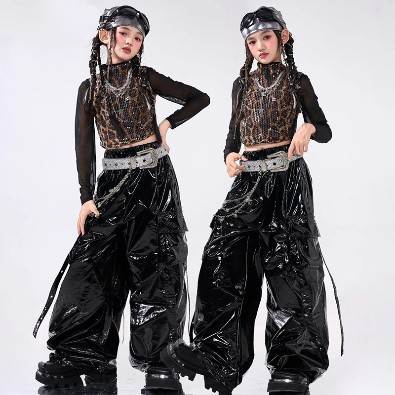 

2025 Jazz Dance Outfit Kid Kpop Stage Costume Leopard Print Vest Black Baggy Pants Model Show Performance Outfit Streetwear 2609