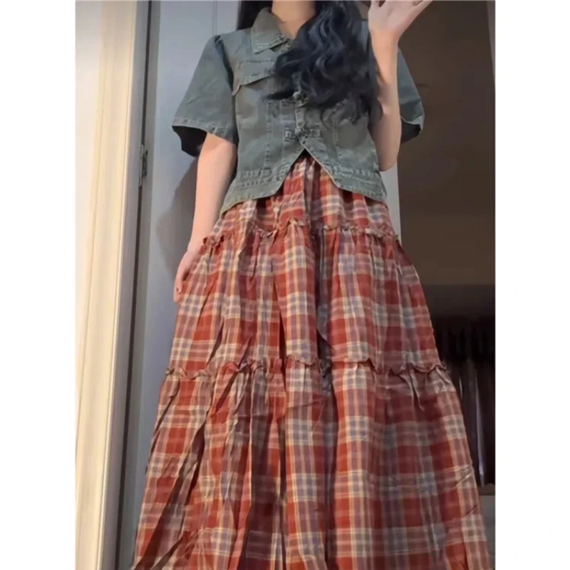 

Summer Fashion Vintage Plaid Preppy Style Loose Midi Ball Gown Pleated High Waist Streetwear Young Style Layered Skirt Ladies