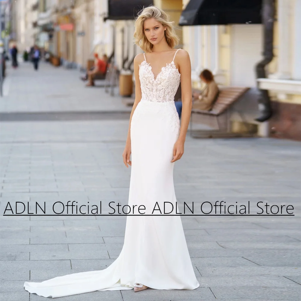 

Sexy Lace Mermaid Wedding Dresses for Women Bride Spaghetti Straps V Neck Beading Sweep Train Backless Bridal Robe De Mariee