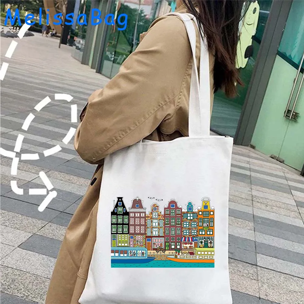 Amsterdam Canal Houses Skyline Landmark Holandia Płócienna torba z grubej bawełny Wiatrak Holland Pamiątka Vintage Travel Shopper Eco Handbag