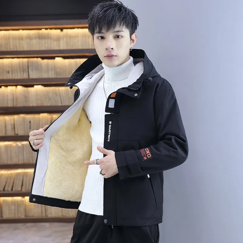 

Men's Fce Lined Thiened Jaet Autumn Winter Korean Sle Casual Workwear Hooded Coat Haome Trendy Brand Topwear