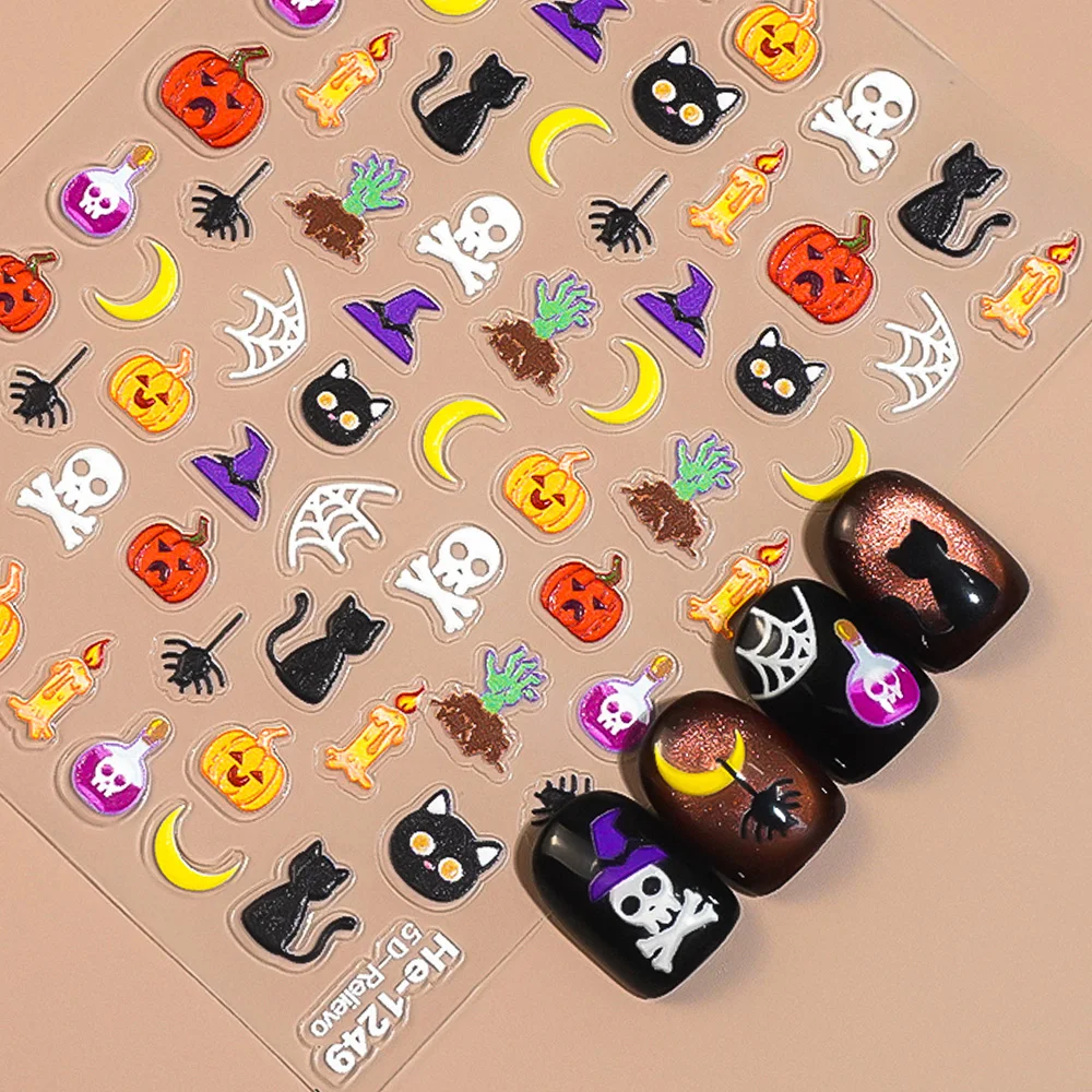 

2026 New Halloween 3D Nail Stickers Spooky Ghost Pumpkin Bat Nail Art Decals for DIY Manicure
