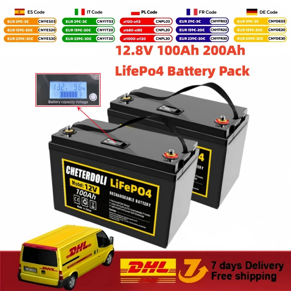 EU Fast Shipping 12.8V 100Ah LiFePO4 Battery Pack Build-in 100A BMS 12V Waterproof for Solar Camper Yacht Inverter Engine Moto