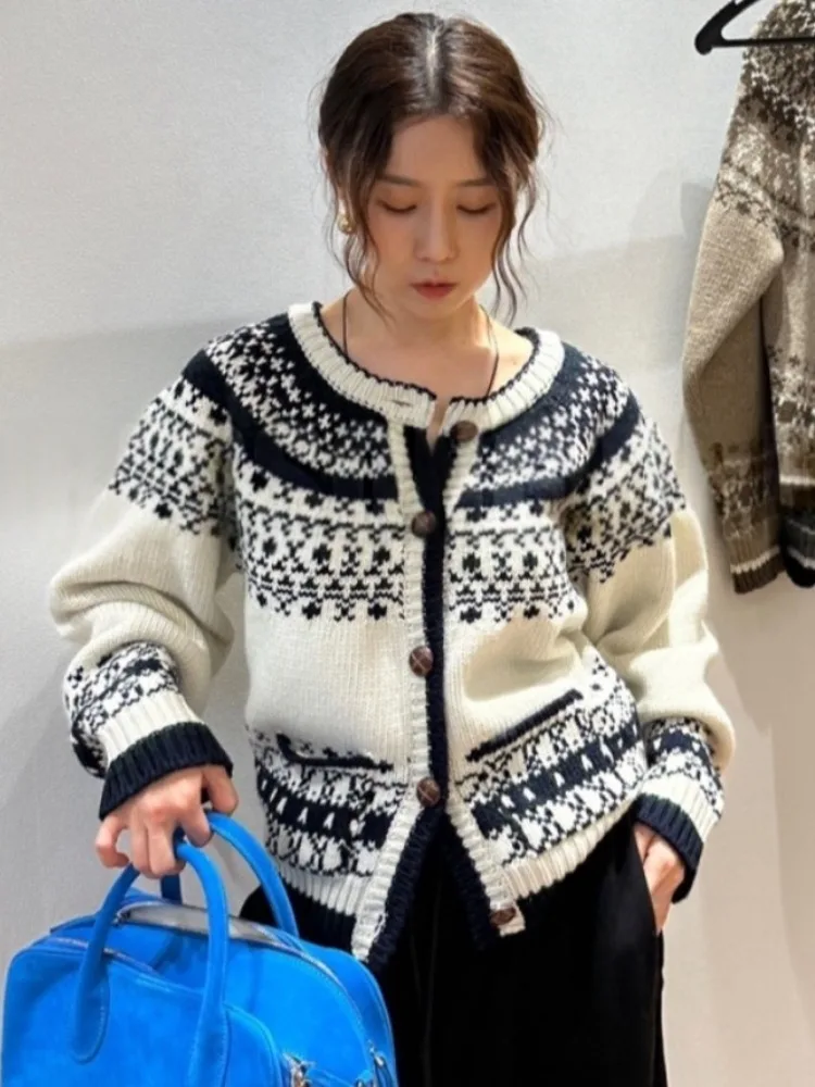 

Retro Heavy Knit Long Sve Women's Cardigan Coat Soft Floral Patterned Open Front Casual Spring Autumn Winter Outerwear