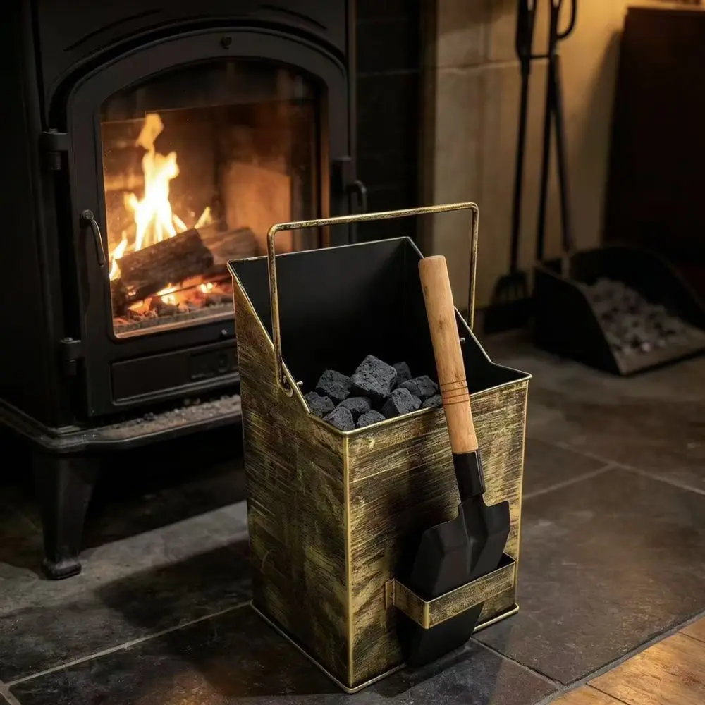 Home Fireplace Tool Set Metal Ash Container With Shovel Brush For Stove Hearth Maintenance Outdoor Fire Pit Cleaning