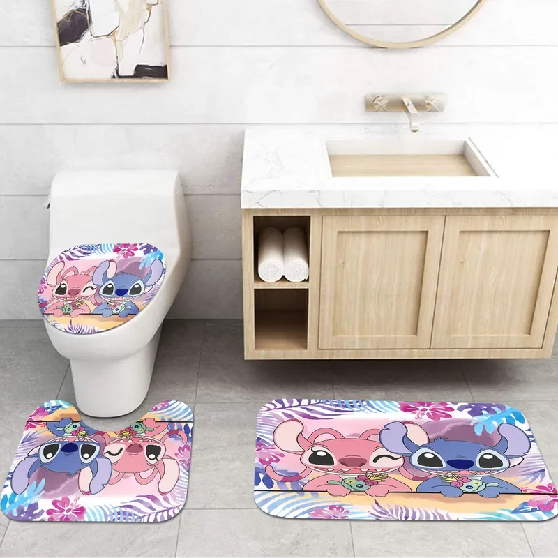 Disney Stitch shower bath mats, kawaii bathroom, cartoon, great gift for kids, cute polyester curtain, full luxury set, 4 PCs