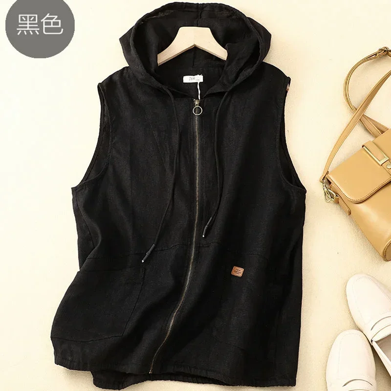 Cotton and Linen Hooded Vest Jacket for Women's Spring New Fashion Chic Elegant Pocket Loose Casual Vintage Vest Cardigan