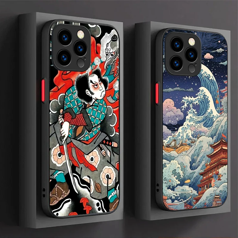 Ukiyo-e Samurai Ocean Waves Creative Phone Case For iPhone 16 15 14 13 12 11 Pro Max X XR XS 7 8 Plus SE 2020 Shockproof Cover