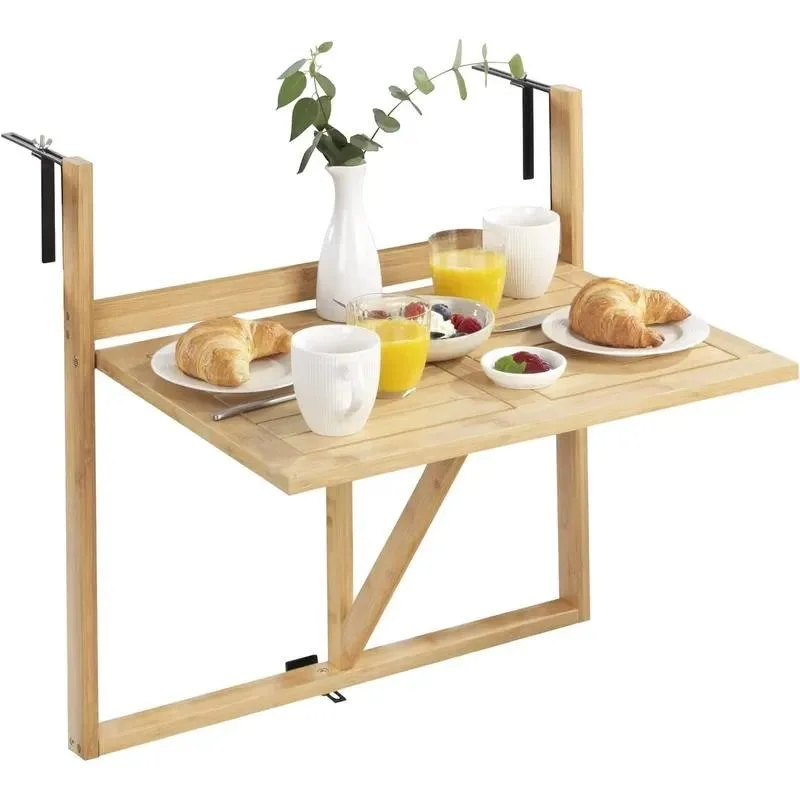 Bamboo Folding Balcony Table Hanging on Railing with Fully Adjustable Ledges