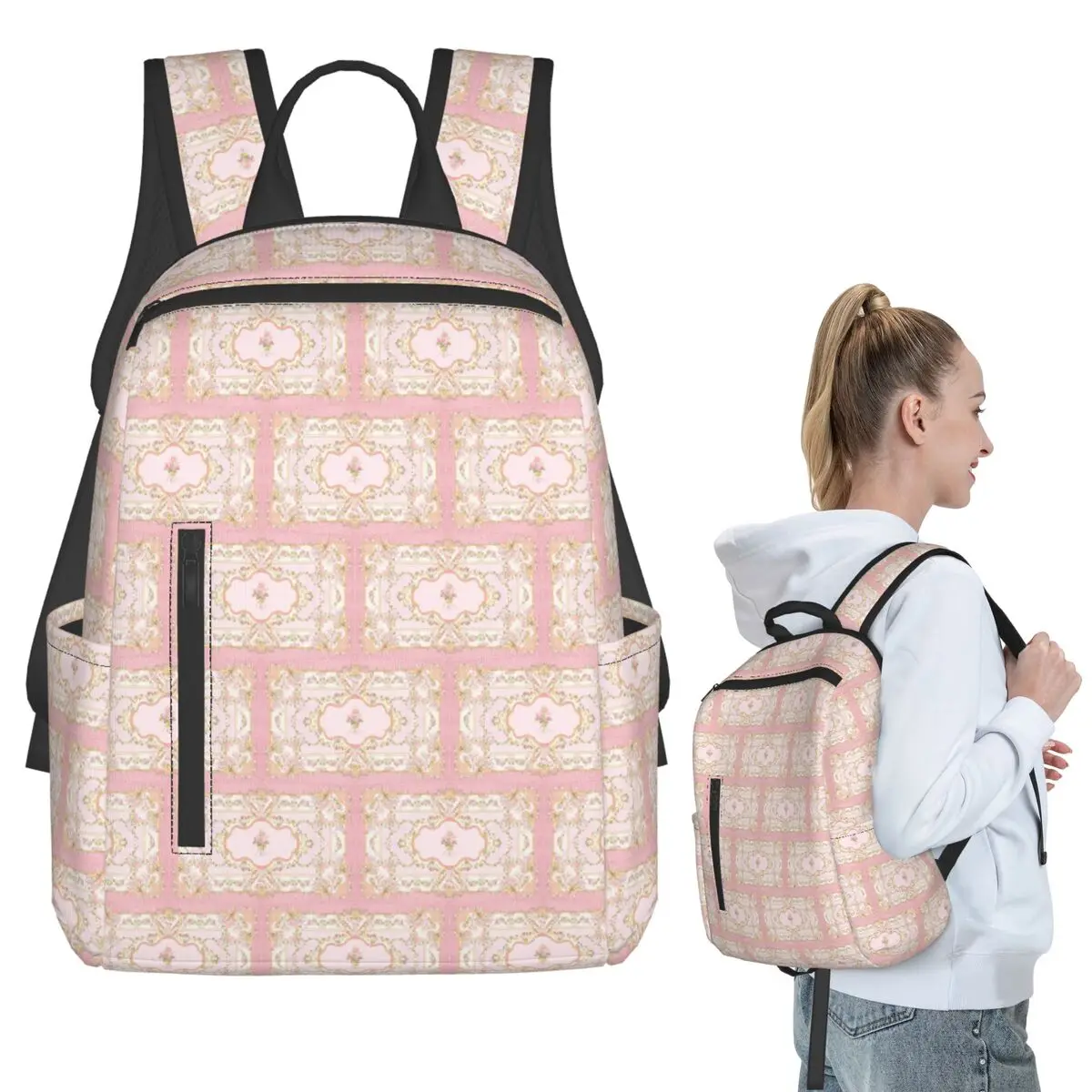 

French Rococo Pink Floral Watercolor Panel Backpack Student BookBag Children School Bag Laptop Shoulder Bags Boys Girls