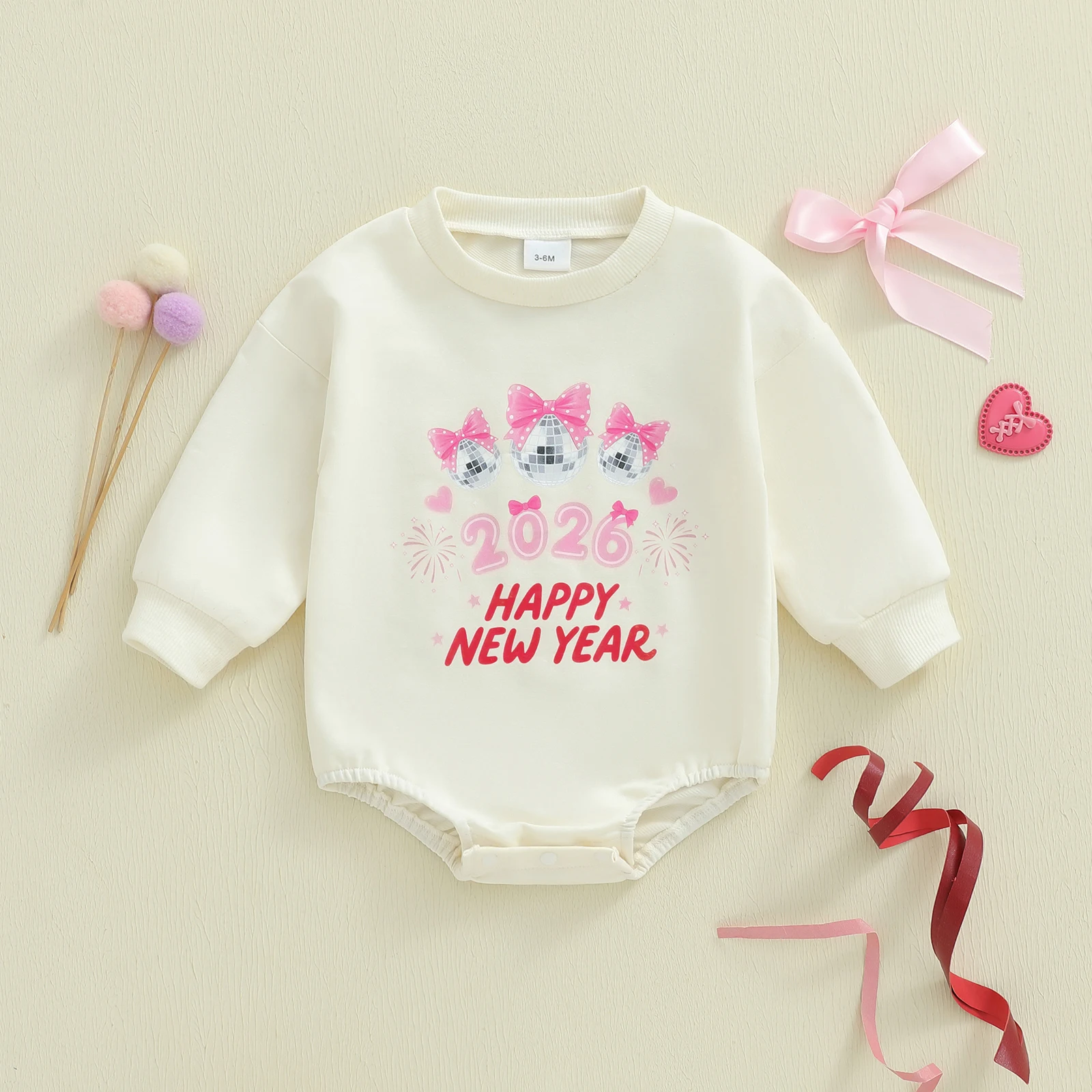 بدلة رومبير للفتيات الصغيرات في السنة الأولى للعام الجديد مطبوع عليها حروف على شكل فيونكة وأكمام طويلة ورقبة دائرية بدلة قفز 2026 #3