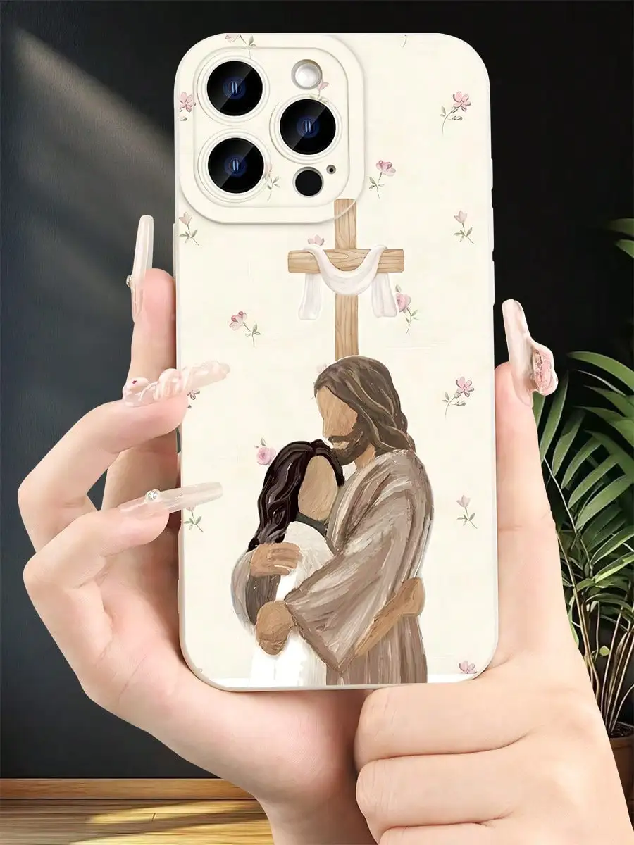 

Christian Jesus Hug Pattern TPU Phone Case Compatible With IPhone X/XS/11/12/13/14/15/16/17 & S22/S23/S24/S25 Religious Floral Print Protective Cover For Women Girls