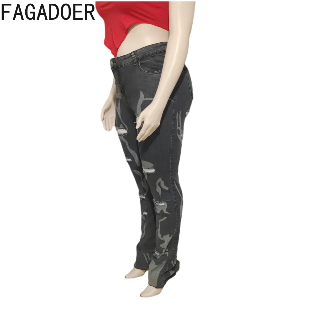 FAGADOER Hollow Black Demin Women's Y2K Street Retro Wide-Leg Straight Pants Overalls High Waist Printing Casual Jeans Pants New