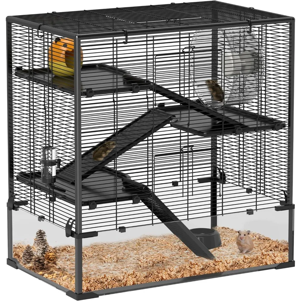 

Large Hamster Cage with Deep Tempered Glass Bottom, 4 Tiers Hamster Tank with Running Wheel, Hut, Water Bottle, Dish, Rat Cage