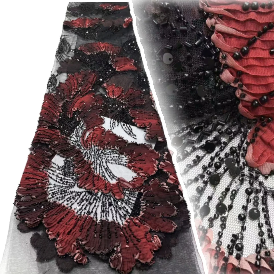

2025 Luxury French Sequins Black Lace 3D Flower Mesh Beads Fabrics Embroidered Sequins Nigerian Wedding Dress 5 Yards AH1327