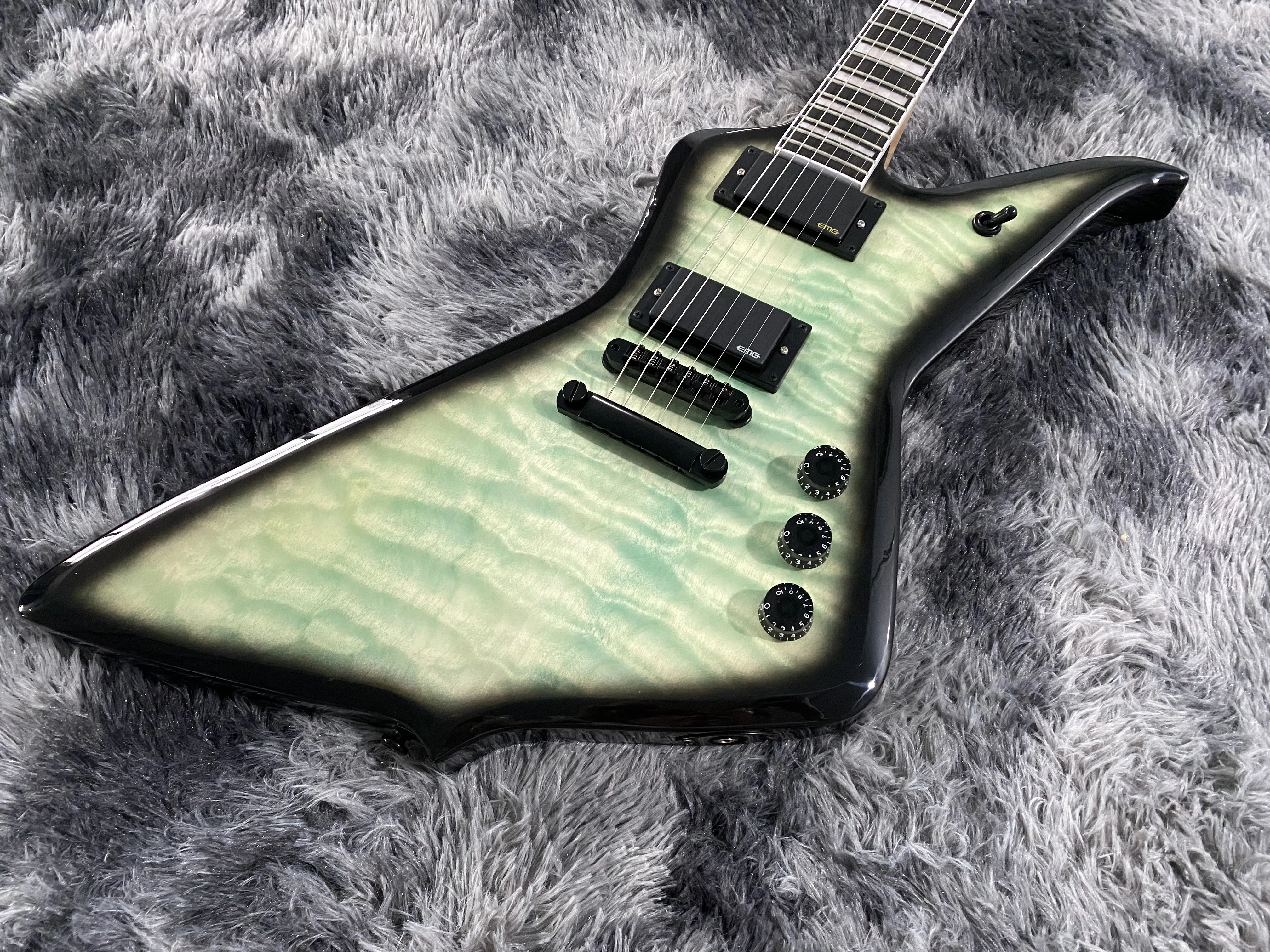 Chinese Electric Guitar Exploer Flame Maple Top Black Hardware Green Color Mahognay Body And Neck