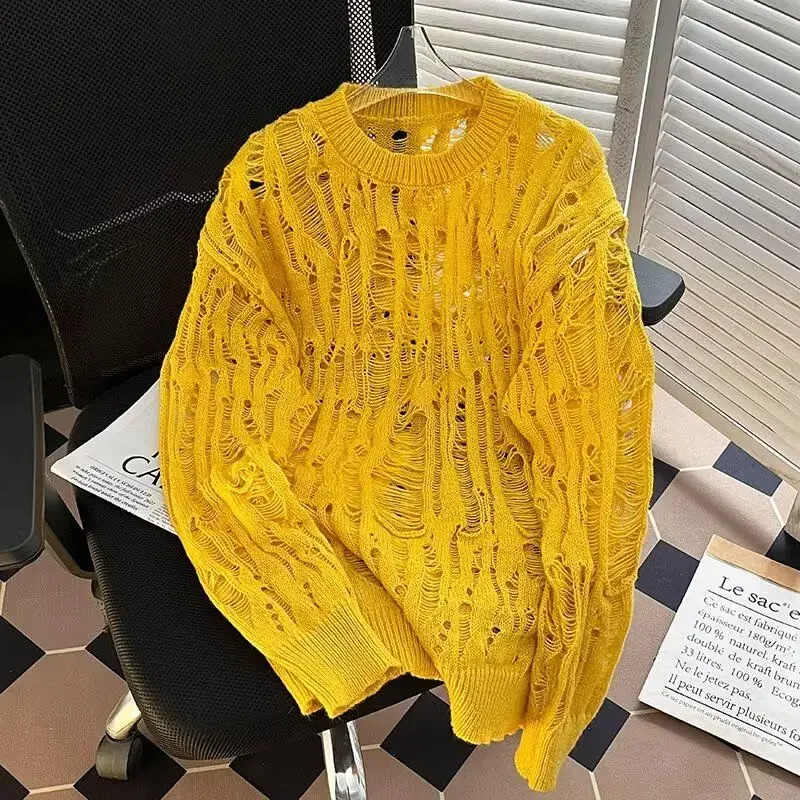 ربيع الخريف الرجال الكورية العصرية عادية تنوعا الجوف ممزق جولة الرقبة محبوك قميص سترة أعلى