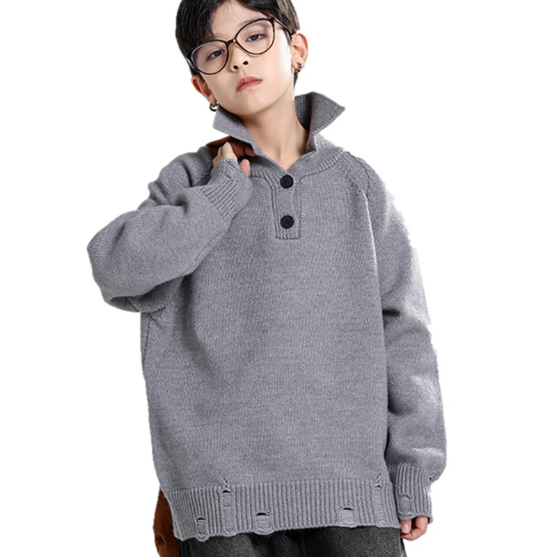 

Kids Boy Grey Color Polo Sweater For Teens Boy Cool Streetwear Ripped Knitwear Children Fashion Turn Down Collar Knit Sweater