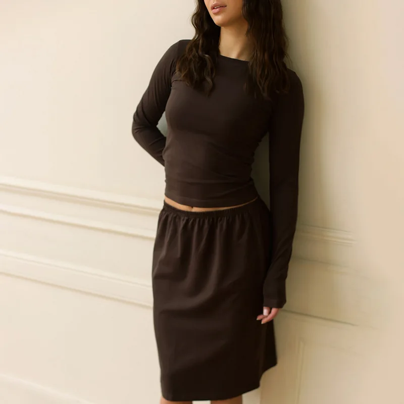 Women Solid Casual 2 Piece Set Round Neck Long Sleeve T-shirts Tops + Pleated Midi Skirts Streetwear Suits Office Lady Outfits